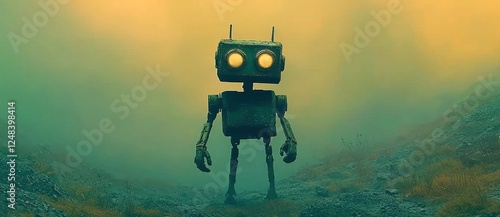 Vintage Robot with Large Eyes in Foggy Landscape with Greenish Hue