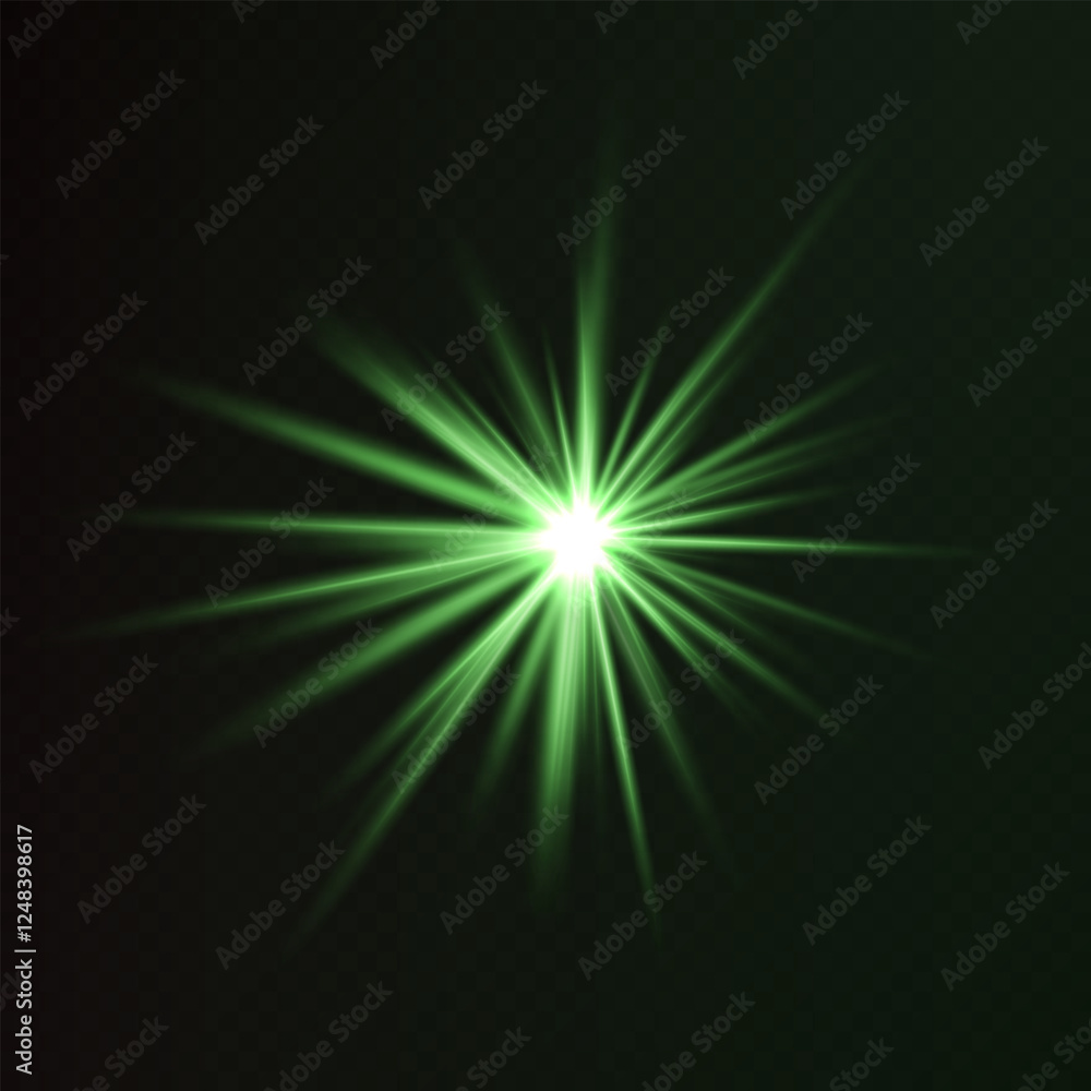 Glowing green starburst light effect on a dark background. Radiating beams create a luminous flare, symbolizing energy, illumination, and futuristic design. Sci-fi, digital effects, abstract themes Glowing green starburst light effect on a dark background. Radiating beams create a luminous flare, symbolizing energy, illumination, and futuristic design. Sci-fi, digital effects, abstract themes