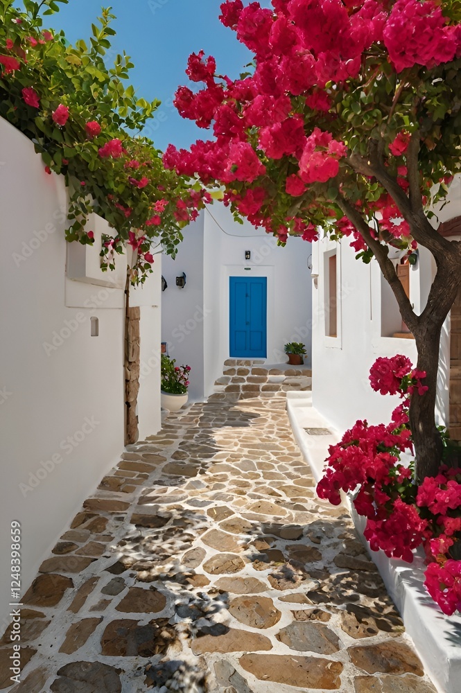 Naklejka premium Narrow alleyway with a blue door and a tree with red flowers. The alleyway is lined with white buildings and has a stone walkway