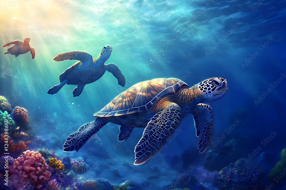 Obraz premium Majestic sea turtles gliding through vibrant ocean coral reefs