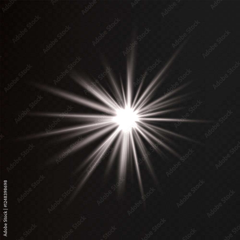Obraz premium Glowing white starburst light effect on a dark background. Radiating beams create a luminous flare, symbolizing energy, illumination, and futuristic design. Sci-fi, digital effects, abstract themes