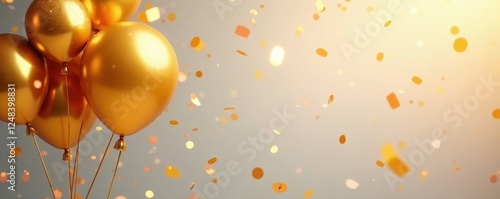 Gold balloon cluster with falling confetti, birthday card design, party, confetti