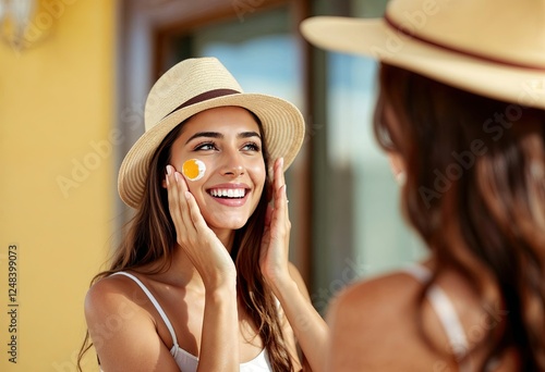 smiling woman in hat is applying sunscreen on her face. indian style photo