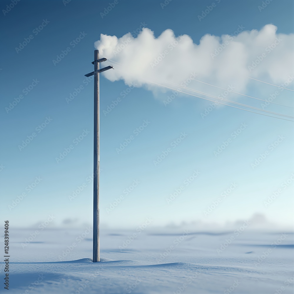 Wooden Power Line Pole in Snowy Field Wooden Power Line Pole in Snowy Field