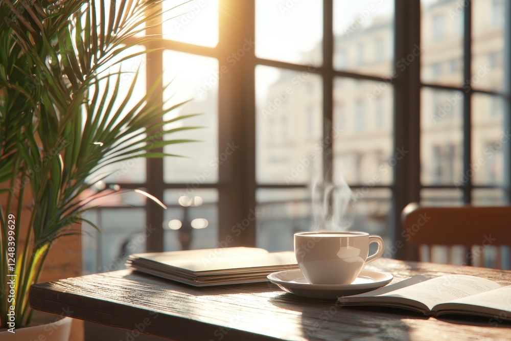 Cozy Morning Setting with Coffee, Book and Sunlight in Bright Room Cozy Morning Setting with Coffee, Book and Sunlight in Bright Room