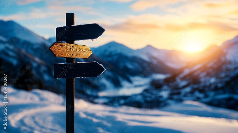 Wooden Signpost in Snowy Mountain Sunset Wooden Signpost in Snowy Mountain Sunset