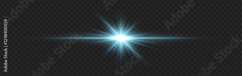 Bright blue lens flare with radiating beams and light rings on a dark transparent background. Horizontal glow effect symbolizes illumination, energy, and futuristic design.