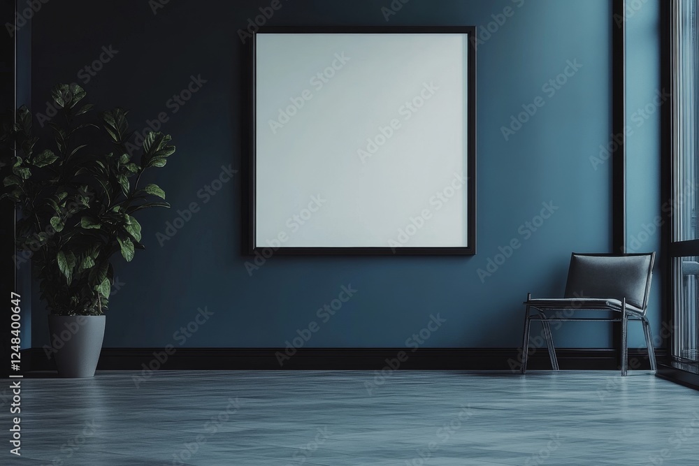 Empty modern interior, framed art mockup, dark blue walls, plant, waiting area Empty modern interior, framed art mockup, dark blue walls, plant, waiting area