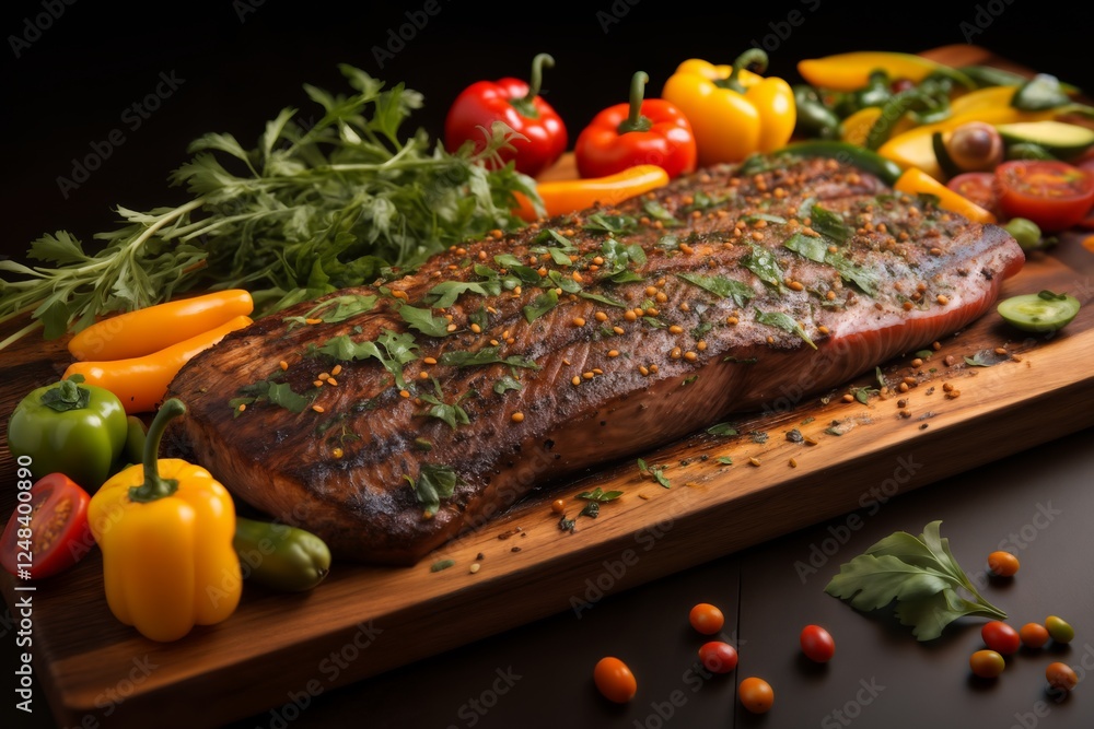 grilled meat and vegetables and herbs cooked on fire as a barbecue, roast in a frying pan, delicious food grilled meat and vegetables and herbs cooked on fire as a barbecue, roast in a frying pan, delicious food