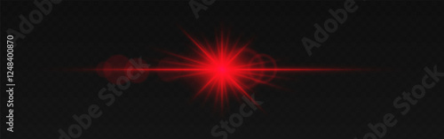 Warm red lens flare with radiant beams and circular light reflections on a dark transparent background. Horizontal glow effect symbolizes illumination, energy, and cinematic lighting