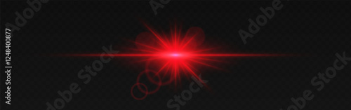 Warm red lens flare with radiant beams and circular light reflections on a dark transparent background. Horizontal glow effect symbolizes illumination, energy, and cinematic lighting
