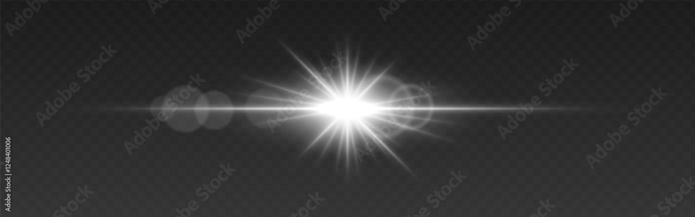 Fototapeta premium Bright white glowing light flare with horizontal lens flare effect. Transparent background. Abstract digital illumination for design and overlay effects
