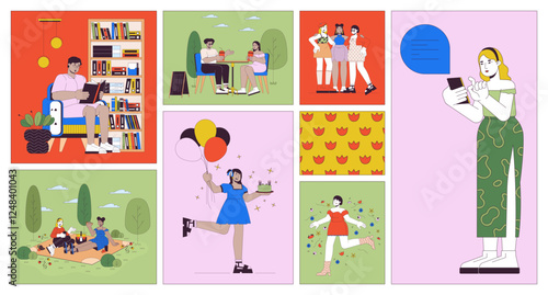 Leisure activity with friends bento grid illustration set. Joyful life moments 2D vector image collage design graphics collection. Happy people enjoying free time flat characters moodboard layout