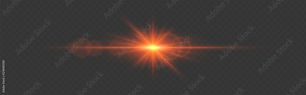 Bright orange glowing light flare with horizontal lens flare effect. Transparent background. Abstract digital illumination for design and overlay effects Bright orange glowing light flare with horizontal lens flare effect. Transparent background. Abstract digital illumination for design and overlay effects