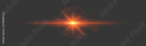 Bright orange glowing light flare with horizontal lens flare effect. Transparent background. Abstract digital illumination for design and overlay effects