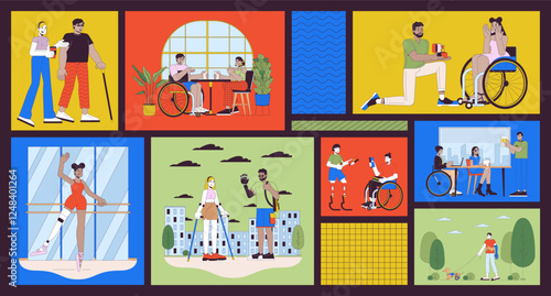 Life with disability bento grid illustration set. Inclusion and conveniences 2D vector image collage design graphics collection. Disabled people integration flat characters moodboard layout