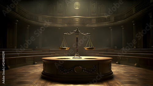Majestic courtroom with illuminated scales of justice at center stage