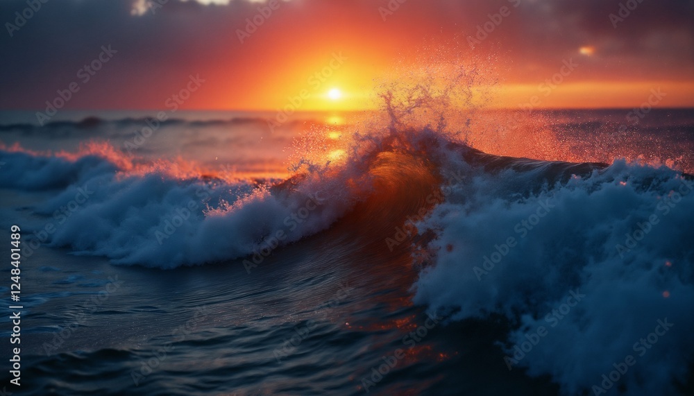 Fototapeta premium dramatic seascape, a big and beautiful wave in the ocean at sunset, sunlight shines through the crest of the wave, wind and the force of nature