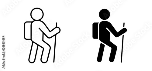 Hiking icons pack vectors in black flat and strokes
