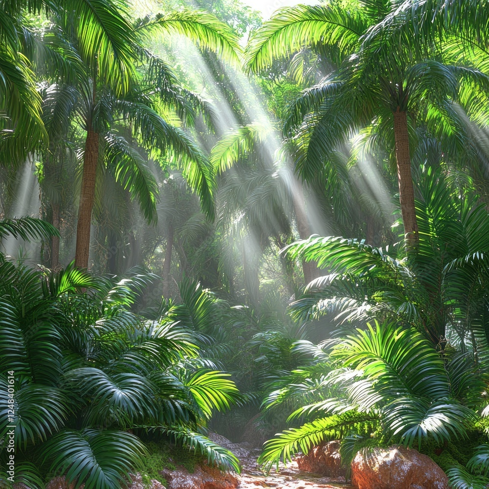 Fototapeta premium Sunlight Filters Through Lush Tropical Palms