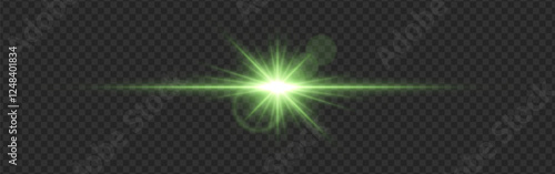Green light flare with a bright glow and lens reflections on a transparent dark background. Radiating beams and a horizontal streak create a futuristic illumination effect