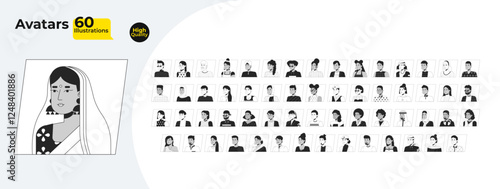 Avatars cartoon outline illustrations mega bundle. Young multicultural users representation 2D linear images isolated. Social media users profiles design collection black and white vector drawings