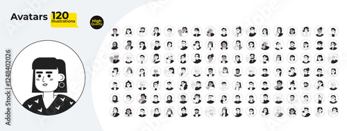 Round avatars cartoon outline illustrations mega bundle. Users of different age and ethnicity 2D linear images isolated. Web page and online chat profiles collection black and white vector drawings