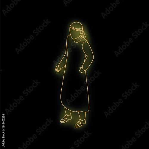 Neon glowing emirati man wearing kandura and ghutra is posing with his hand on his hip