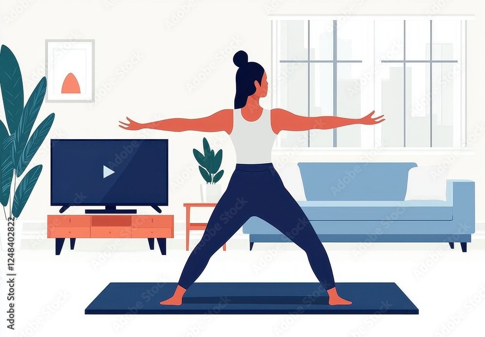 Naklejka premium Woman Practicing Yoga at Home in a Modern Living Room Setting