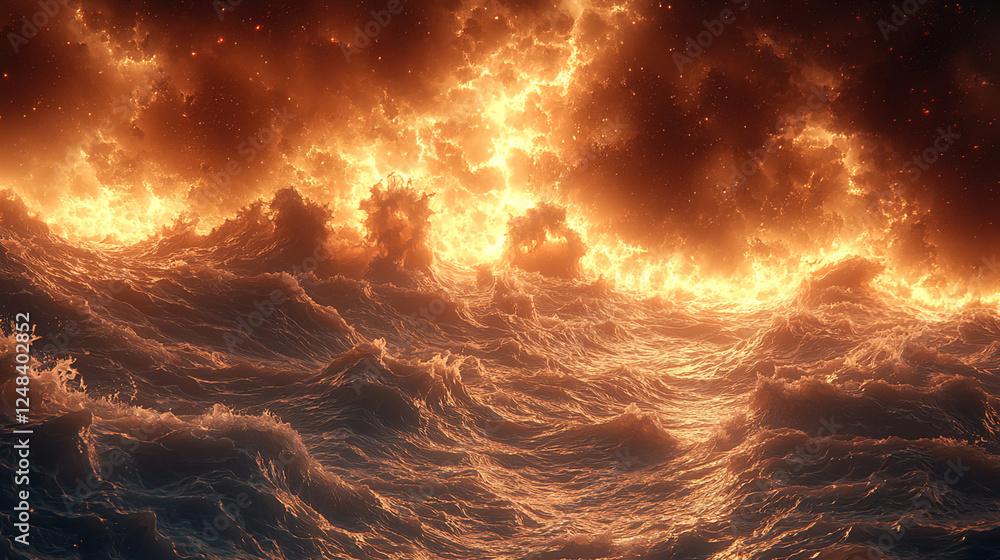 Fiery ocean waves clash against dark, smoky clouds during an intense sunset in a dramatic scene of nature's power. Generative AI Fiery ocean waves clash against dark, smoky clouds during an intense sunset in a dramatic scene of nature's power. Generative AI