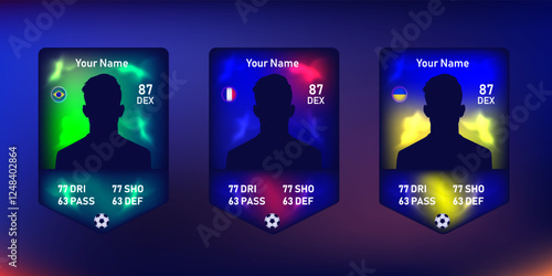 Futuristic football player card template with silhouette and glowing national flags. Digital collectible sports card design for fantasy soccer game