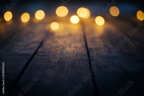 Dark wooden planks with warm glowing lights photo