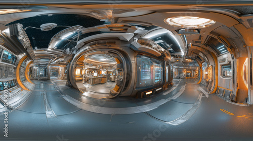 Fototapeta Naklejka Na Ścianę i Meble -  360 degree panorama of modern futuristic technology station space ship sci-fi laboratory. 3d render illustration hdr hdri vr virtual reality environment map