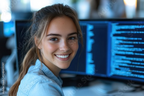 Free Download Smiling female software developer working on computer code, showcasing technology and programming expertise. - GFXLoad