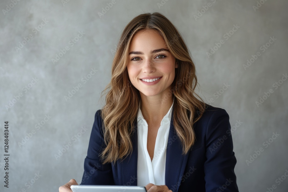 Confident businesswoman smiles while using a tablet, professional attire against a muted background. Confident businesswoman smiles while using a tablet, professional attire against a muted background.