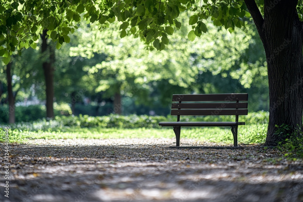Empty park bench under trees on sunny day Empty park bench under trees on sunny day