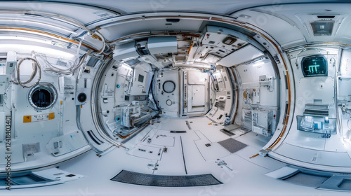 Fototapeta Naklejka Na Ścianę i Meble -  360 degree panorama of modern futuristic technology station space ship sci-fi laboratory. 3d render illustration hdr hdri vr virtual reality environment map