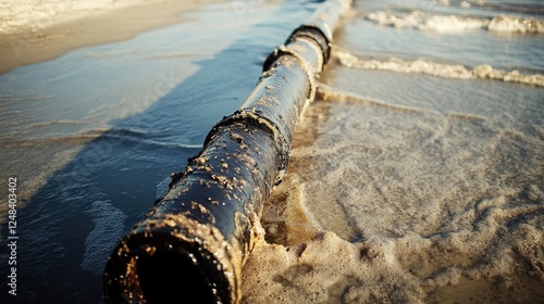 Dark pipe lies on sandy beach near ocean waves photo