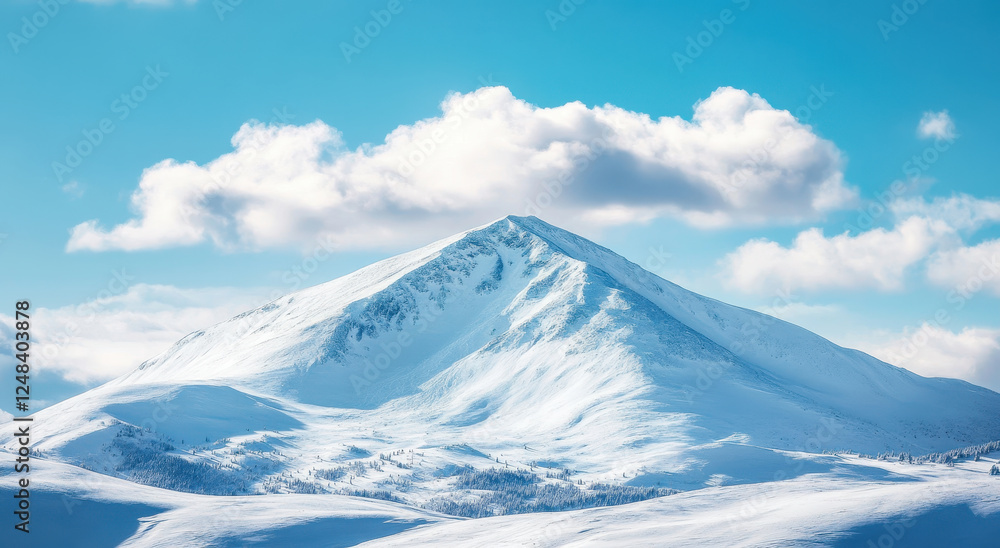 Majestic snow covered mountain under bright blue sky with clouds Majestic snow covered mountain under bright blue sky with clouds