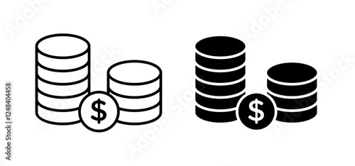 Coins icons pack vectors in black flat and strokes