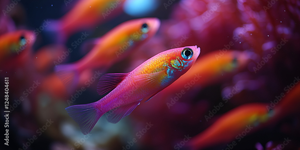 Obraz premium vibrant school of neon tetras swims in crystal clear stream