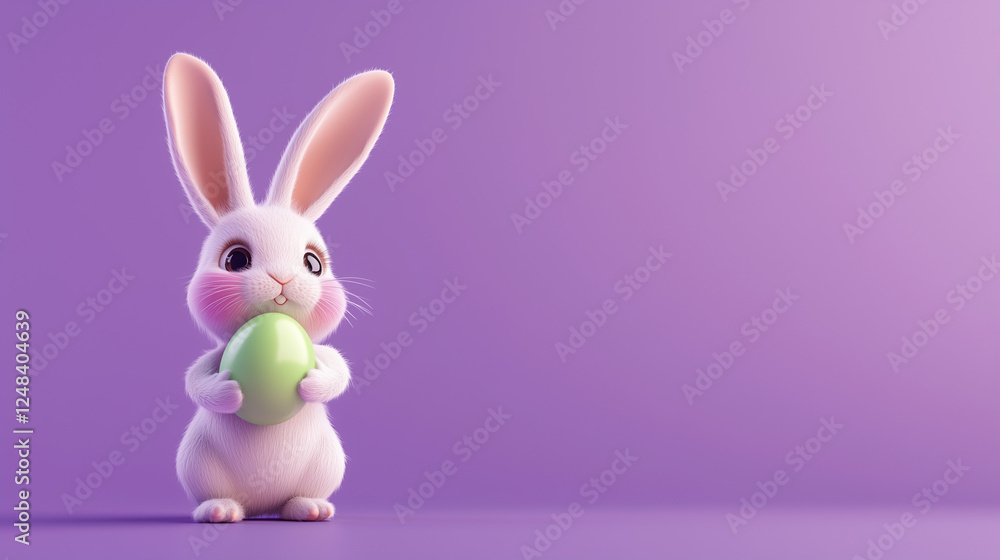 Obraz premium A small bunny holds an Easter egg on a flat background, ready for personalization.