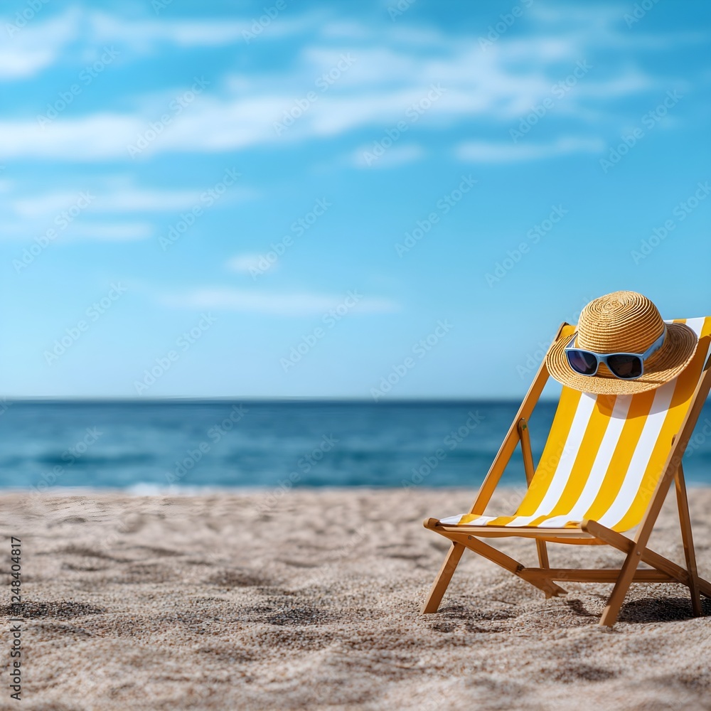 Yellow And White Striped Beach Chair With Straw Hat And Yellow And White Striped Beach Chair With Straw Hat And