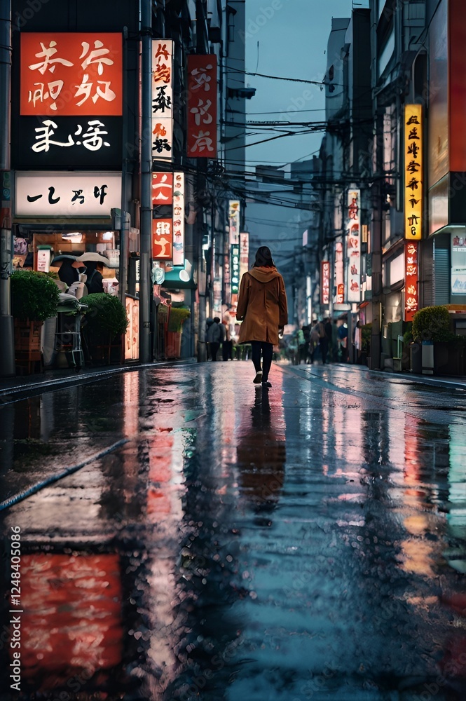 Obraz premium Woman walks down a street in a foreign city with many signs in a foreign language. The street is wet and the lights are on, creating a moody atmosphere