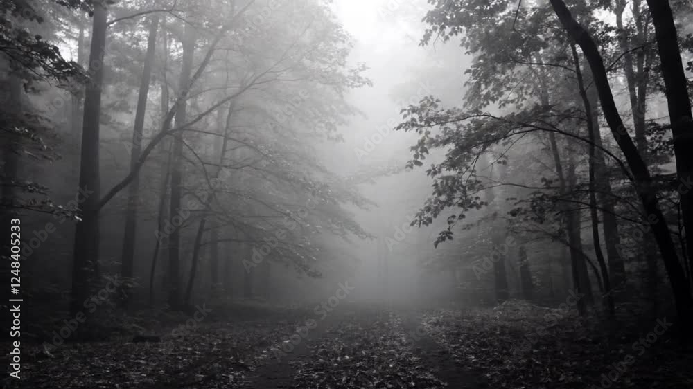 Mysterious Foggy Forest Path - Black and White Nature Stock Video Mysterious Foggy Forest Path - Black and White Nature Stock Video