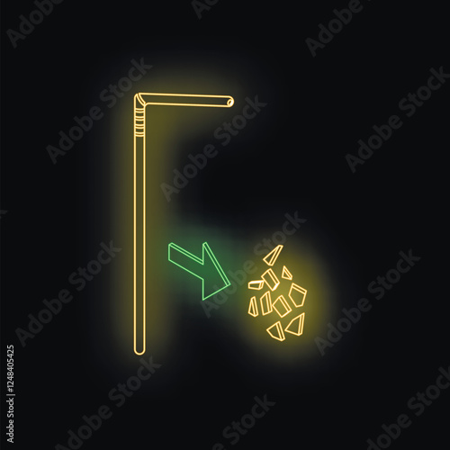 Neon illustration showing a reusable straw and a green arrow pointing to broken pieces of a plastic straw, promoting reusable straws