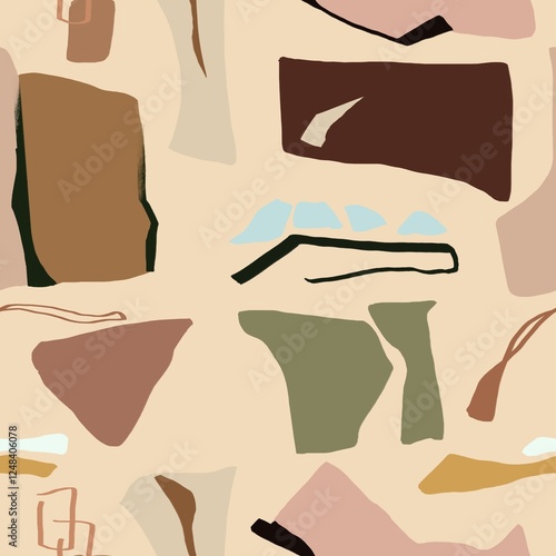 abstract seamless pattern in earthy tones of beige, soft pink, yellow, terracotta, and olive green, ideal for fabric, stationery, or home decor