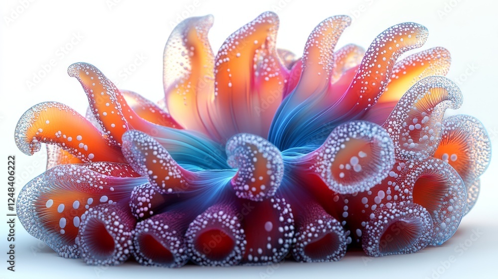 A 3D cartoon sea anemone with colorful tentacles, swaying gently in the water on a white background. A 3D cartoon sea anemone with colorful tentacles, swaying gently in the water on a white background.
