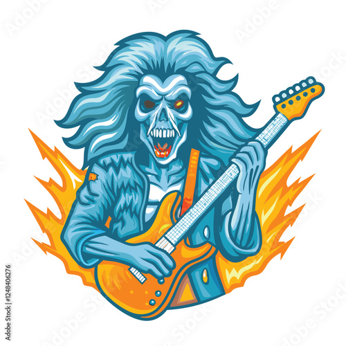 A decaying rockstar zombie, tattered clothes, fiercely playing a battered electric guitar, blood splatters, apocalyptic setting.