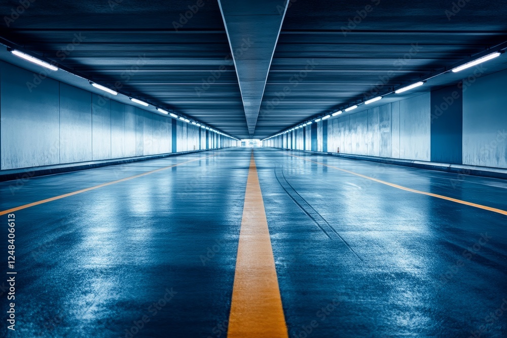 Empty modern parking garage tunnel interior, illuminated Empty modern parking garage tunnel interior, illuminated